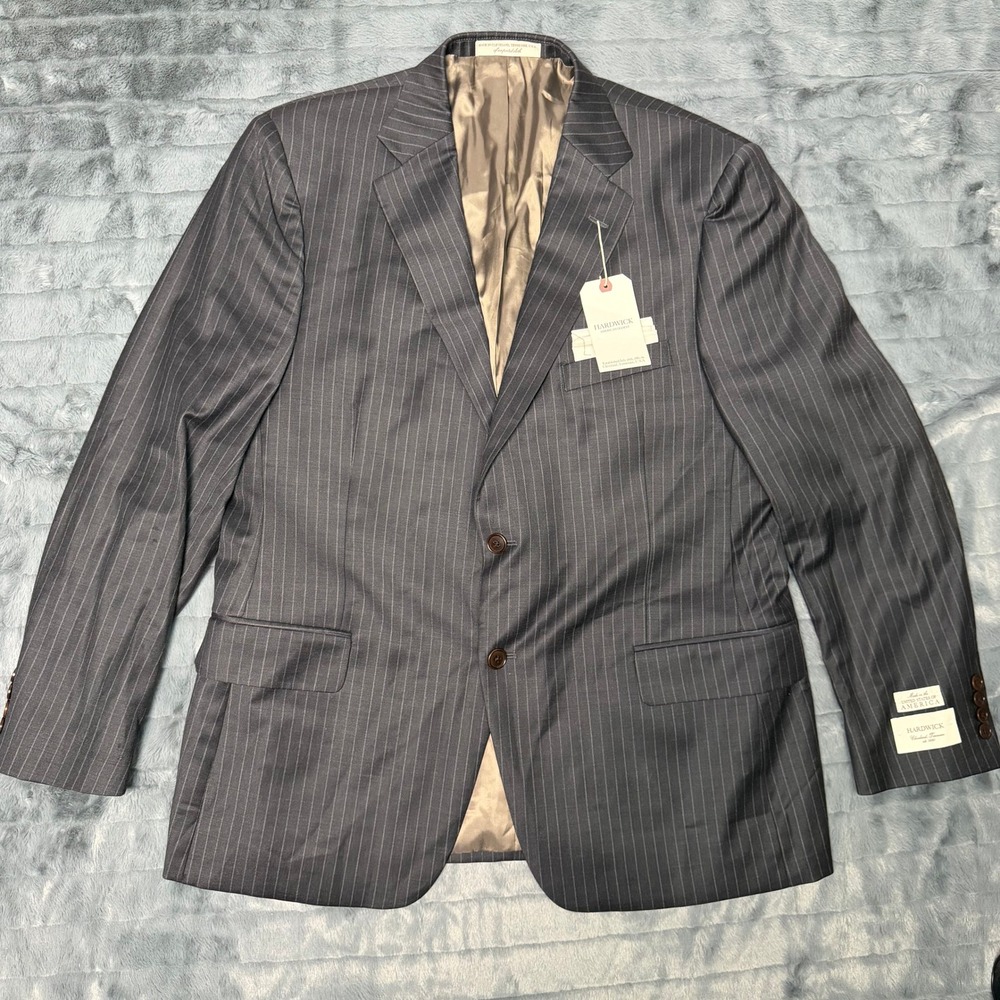 Hardwick Mens 44R Pinstripe Suit Jacket Blazer Super 100% Wool Gray Made USA NEW
